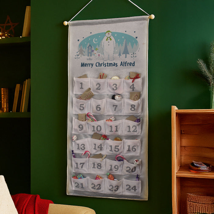 Personalised Silver Fabric Advent Calendars With Pocket - The Snowman and the Snowdog
