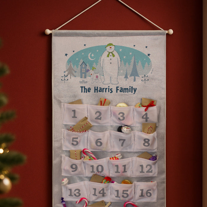 Personalised Silver Fabric Advent Calendars With Pocket - The Snowman and the Snowdog