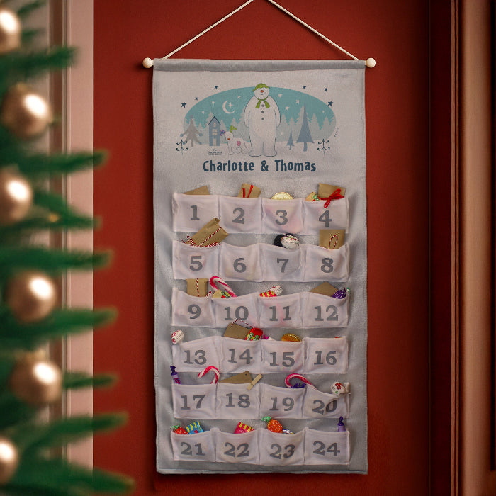 Personalised Silver Fabric Advent Calendars With Pocket - The Snowman and the Snowdog