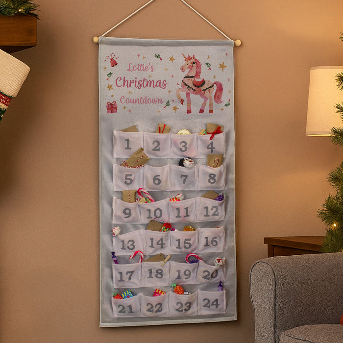 Personalised Silver Fabric Advent Calendars With Pocket - Unicorn
