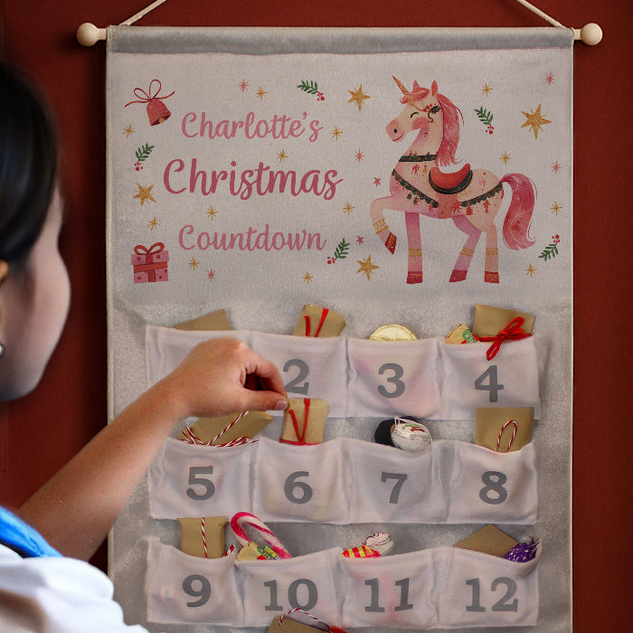 Personalised Silver Fabric Advent Calendars With Pocket - Unicorn