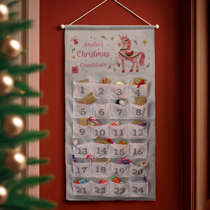 Personalised Silver Fabric Advent Calendars With Pocket - Unicorn