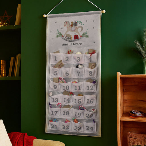 Personalised Silver Fabric Advent Calendar With Pocket - Rocking Horse