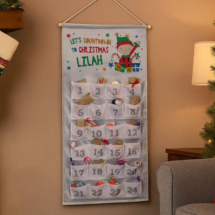 Personalised Silver Fabric Advent Calendar With Pocket - Elf