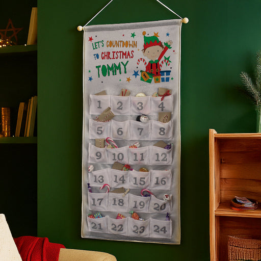 Personalised Silver Fabric Advent Calendar With Pocket - Elf