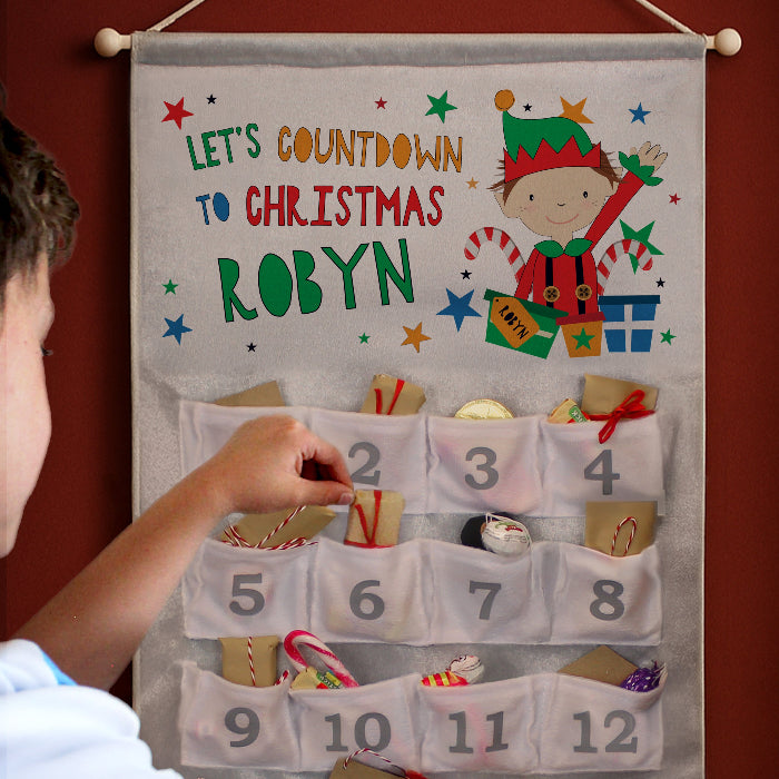 Personalised Silver Fabric Advent Calendar With Pocket - Elf