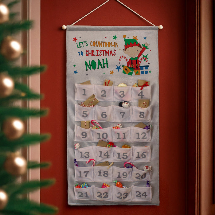 Personalised Silver Fabric Advent Calendar With Pocket - Elf