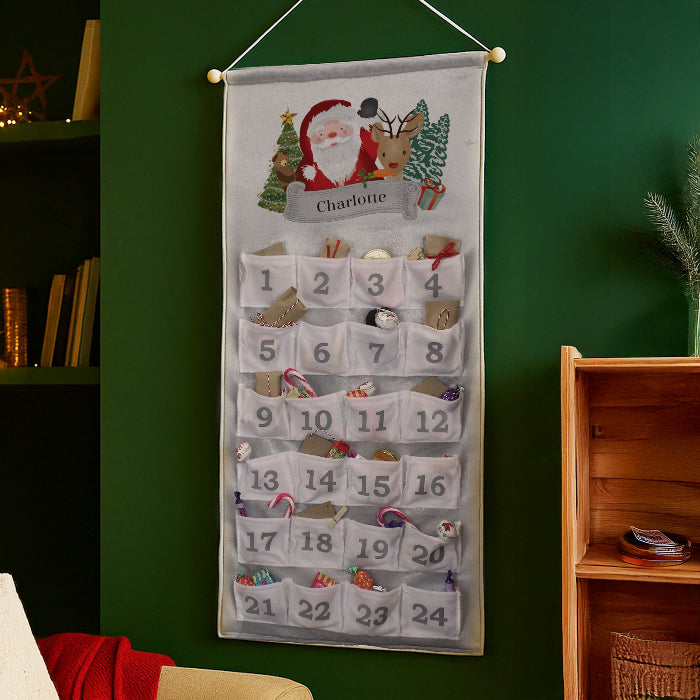 Personalised Silver Fabric Advent Calendar With Pocket - Santa