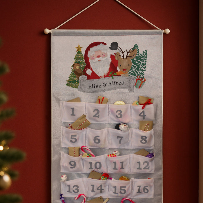 Personalised Silver Fabric Advent Calendar With Pocket - Santa
