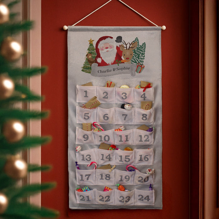 Personalised Silver Fabric Advent Calendar With Pocket - Santa