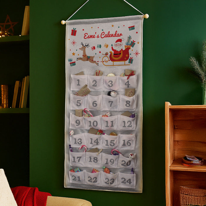 Personalised Silver Fabric Advent Calendar With Pocket - Santa Sleigh