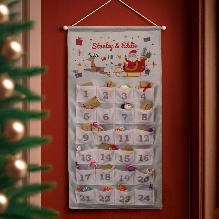 Personalised Silver Fabric Advent Calendar With Pocket - Santa Sleigh