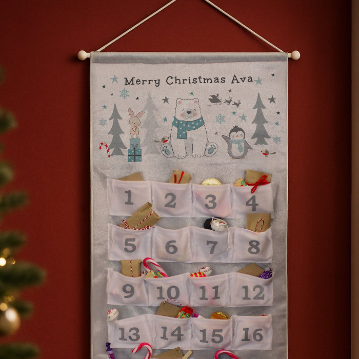 Personalised Silver Fabric Advent Calendar With Pocket - Polar Bear