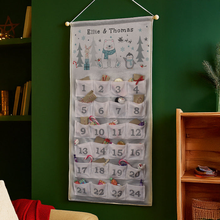 Personalised Silver Fabric Advent Calendar With Pocket - Polar Bear