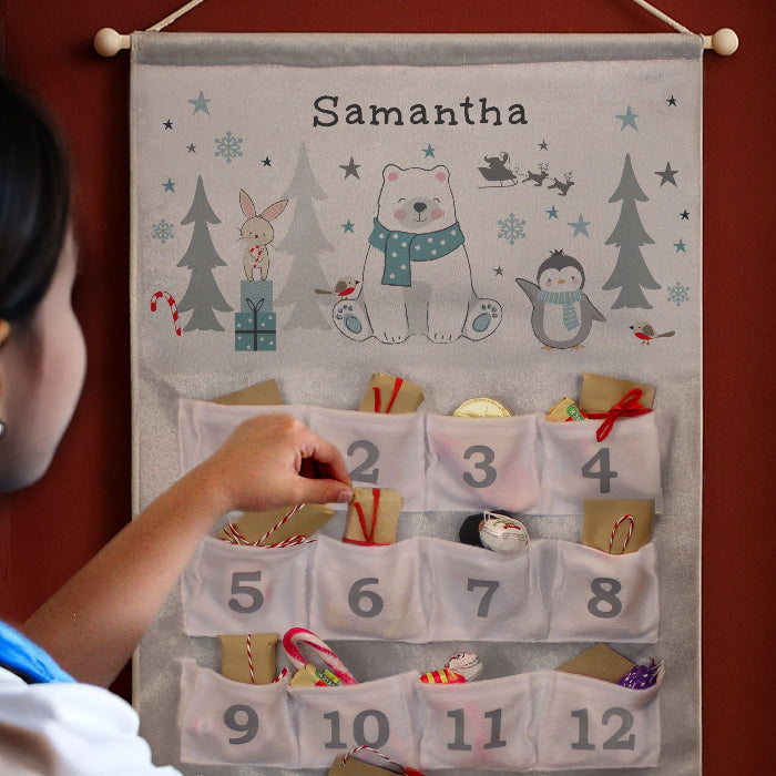 Personalised Silver Fabric Advent Calendar With Pocket - Polar Bear