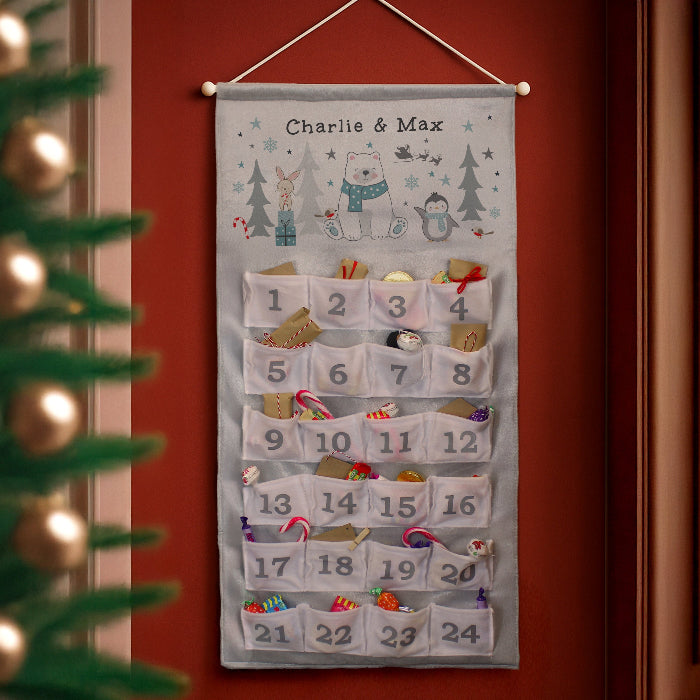 Personalised Silver Fabric Advent Calendar With Pocket - Polar Bear