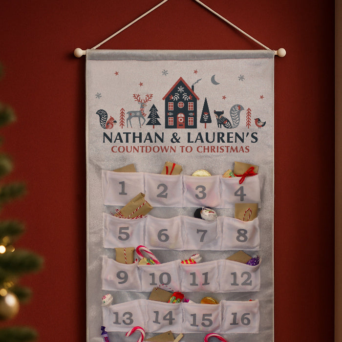 Personalised Silver Fabric Advent Calendar With Pockets - Home Woodland