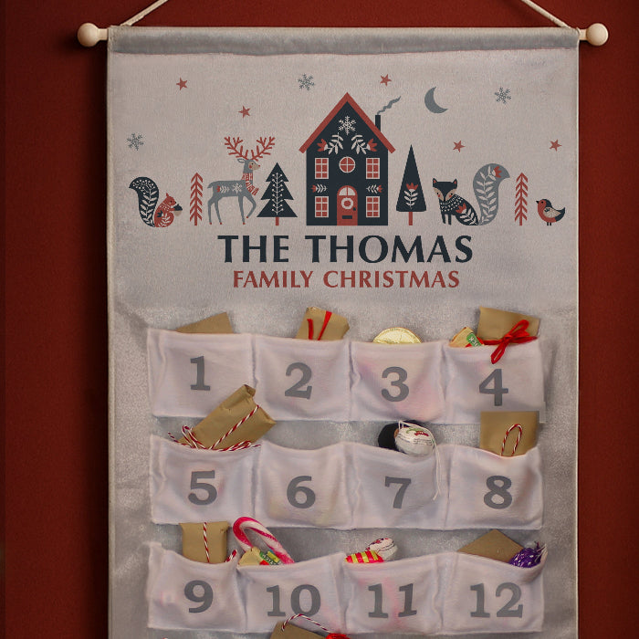 Personalised Silver Fabric Advent Calendar With Pockets - Home Woodland