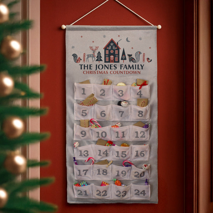 Personalised Silver Fabric Advent Calendar With Pockets - Home Woodland
