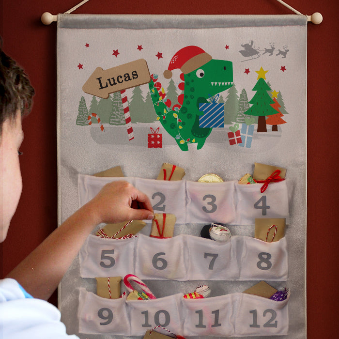 Personalised Silver Fabric Advent Calendar With Pockets - Dinosaur