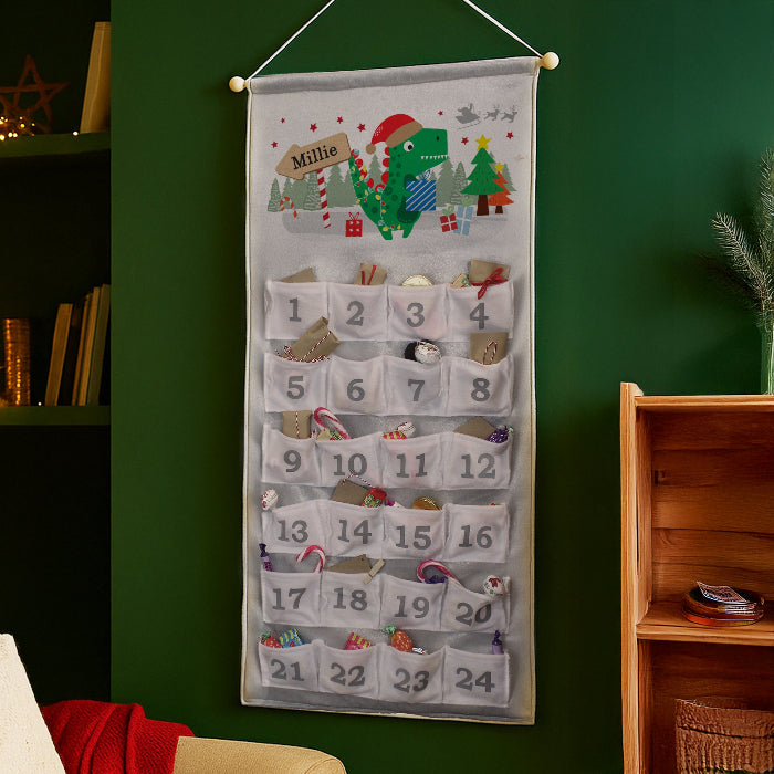 Personalised Silver Fabric Advent Calendar With Pocket - Dinosaur