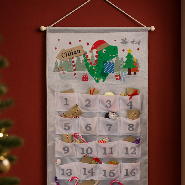Personalised Silver Fabric Advent Calendar With Pockets - Dinosaur