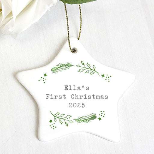 Personalised Baby’s First Christmas Holly Ceramic Star Decoration