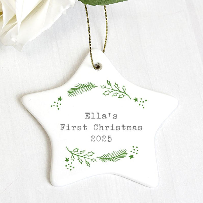 Personalised Baby’s First Christmas Holly Ceramic Star Decoration