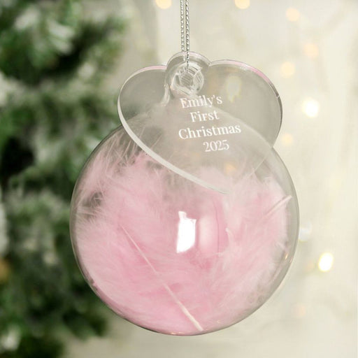 Personalised Baby’s First Christmas Pink Feather Glass Bauble With Heart Tag