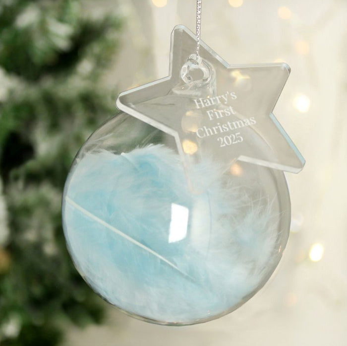 Personalised Baby’s First Christmas Blue Feather Glass Bauble With Star Tag