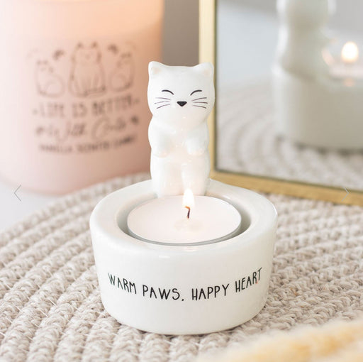 Warm Paws, Happy Heart Cat Tealight Holder - Cat Lovers Gift
