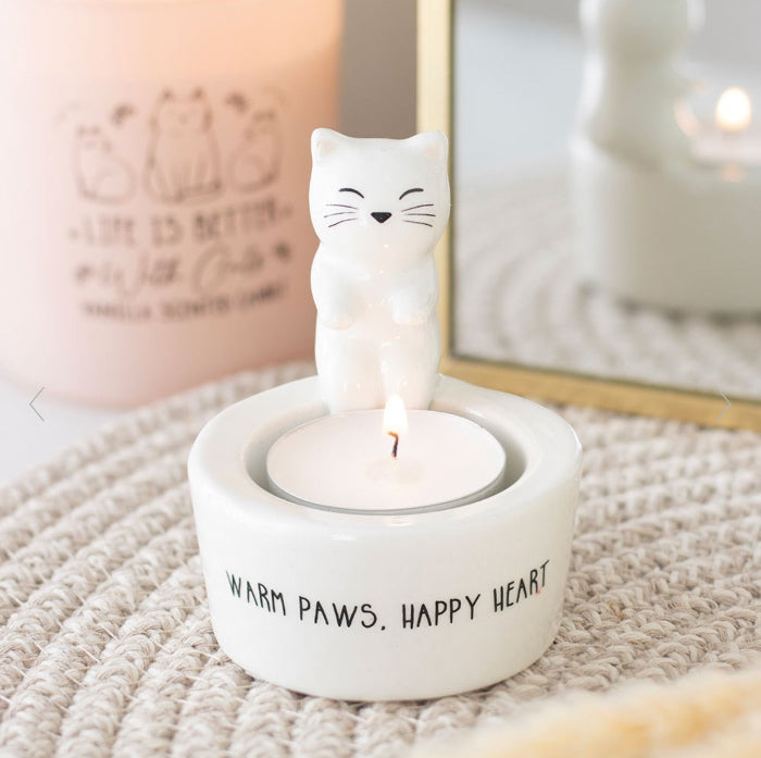 Warm Paws, Happy Heart Cat Tealight Holder - Cat Lovers Gift