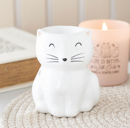 White Happy Cat Shaped Oil Burner - Cat Lover Gift