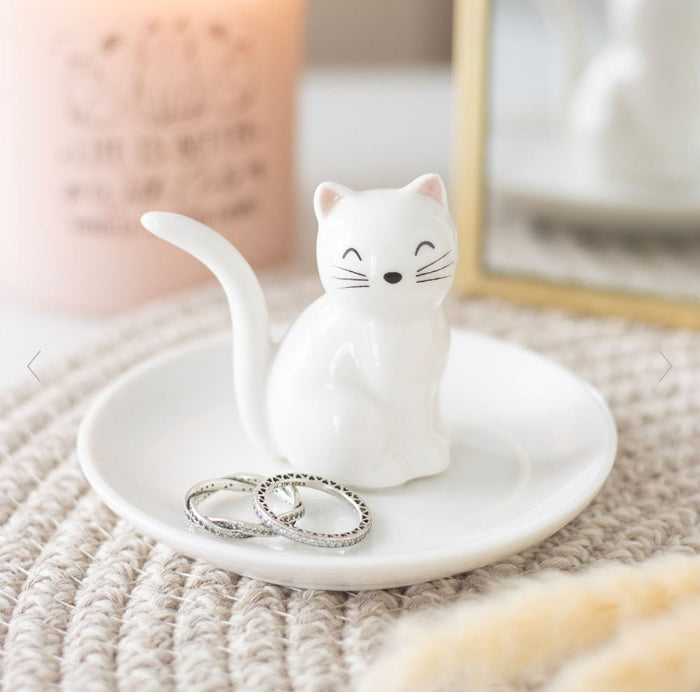 Sitting White Cat Face Trinket Dish - Cat Lover Gift