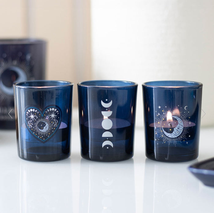 Set of 3 Blue Moon Votive Candle Holders - Celestial decor 