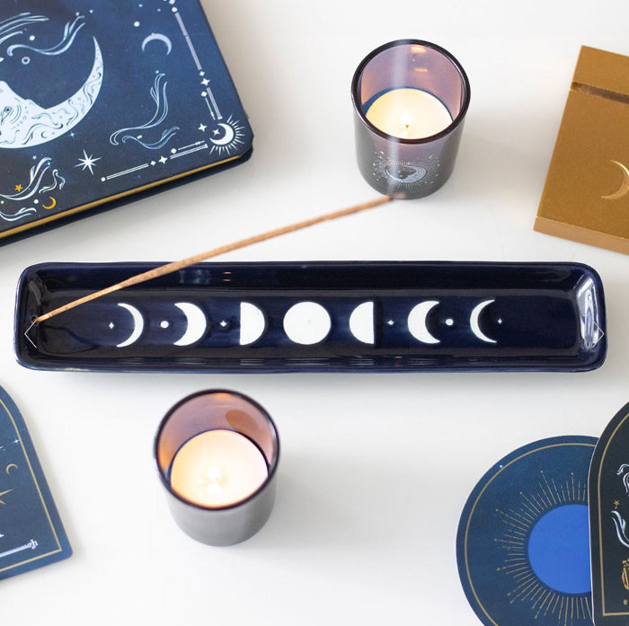 Blue Moon Phase Ceramic Incense Ash Catcher - Celestial Decor