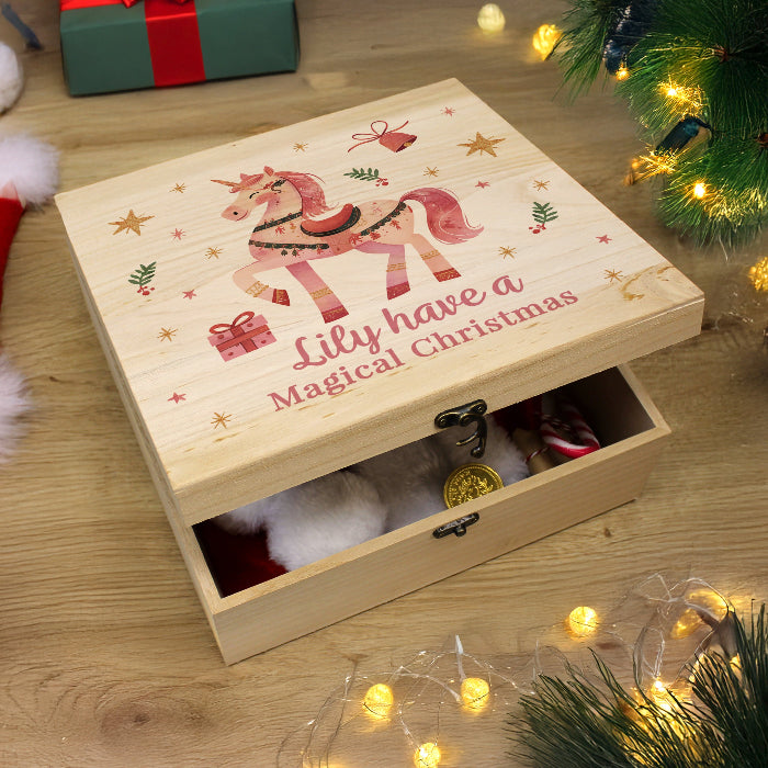 Personalised Unicorn Wooden Christmas Eve Box