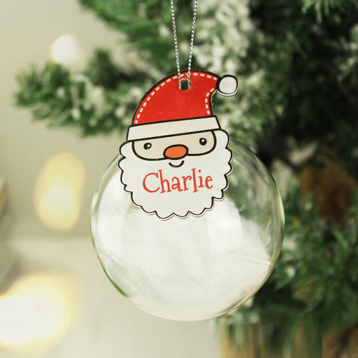 Personalised Red Santa Feather Glass Christmas Bauble