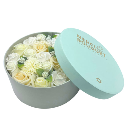 Soap Flower Bouquet Round Gift Box - Wedding Blessings - White & Ivory
