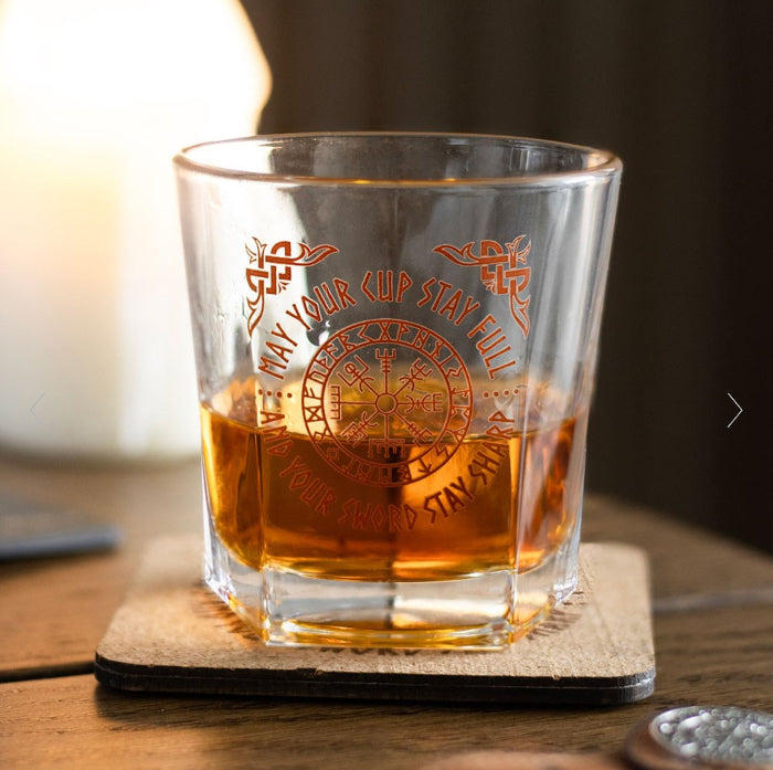 Viking Compass Lowball Tumbler Glass with Cork Coaster