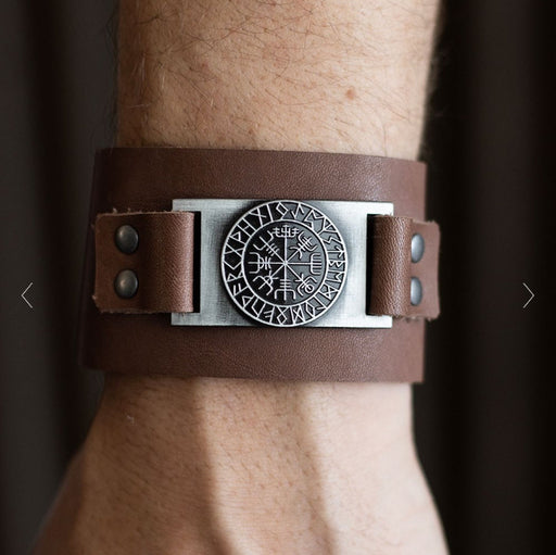 Men’s Viking Compass Leather Cuff Bracelet