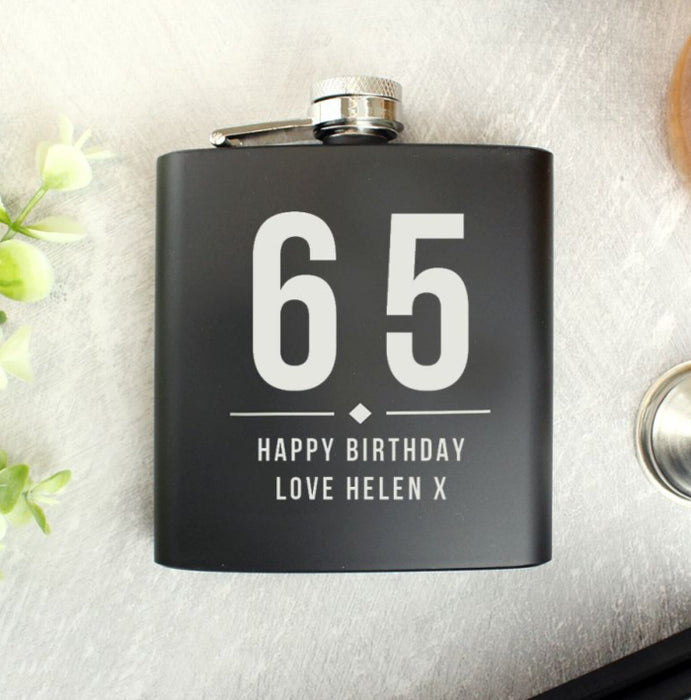 65th Birthday Black Hip Flask - Personalised