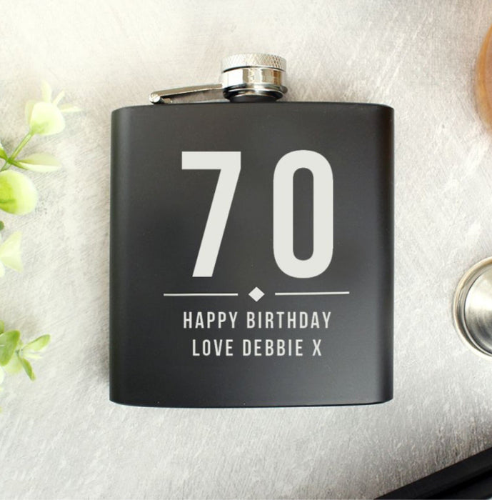 70th Birthday Black Hip Flask - Personalised