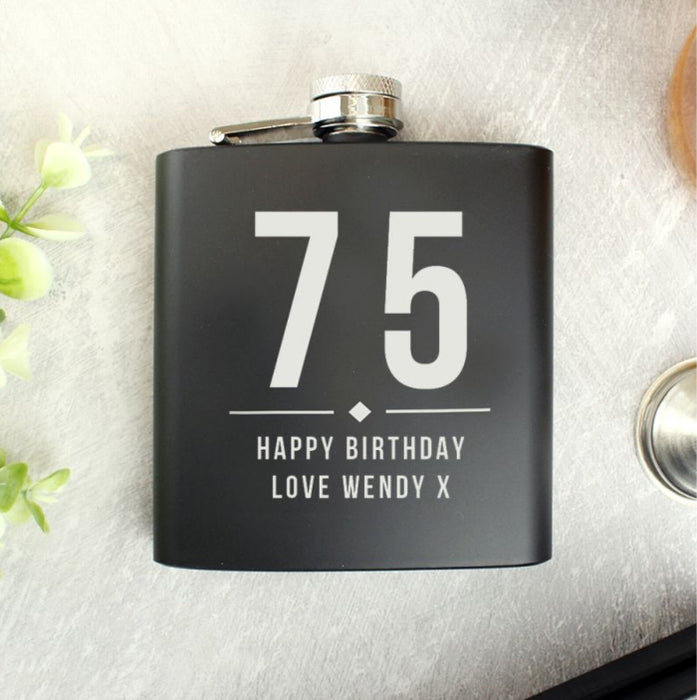 75th Birthday Black Hip Flask - Personalised