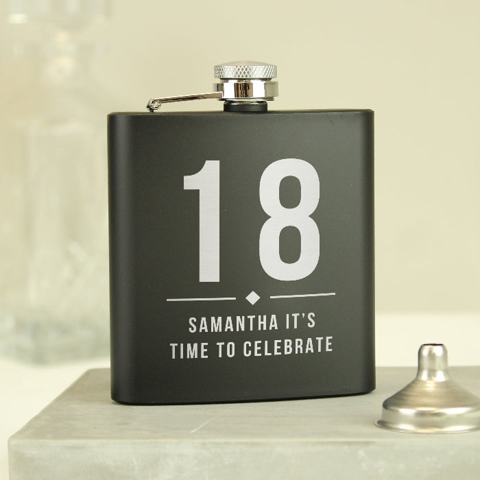 18th Birthday Black Hip Flask - Personalised