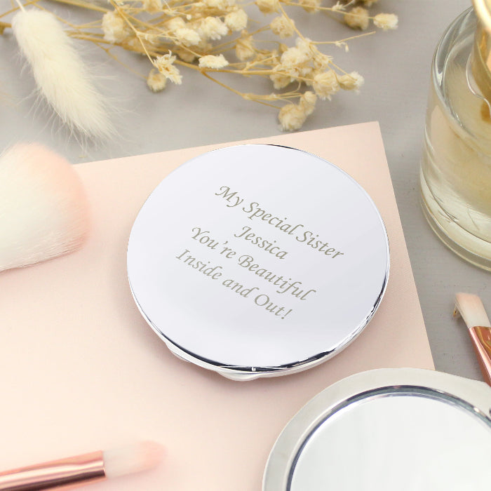 Engraved Silver Round Compact Mirror