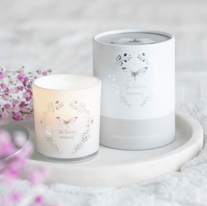 White Butterfly In Loving Memory Memorial Candle