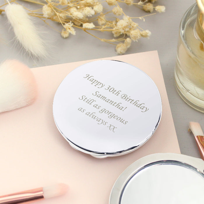 Engraved Silver Round Compact Mirror