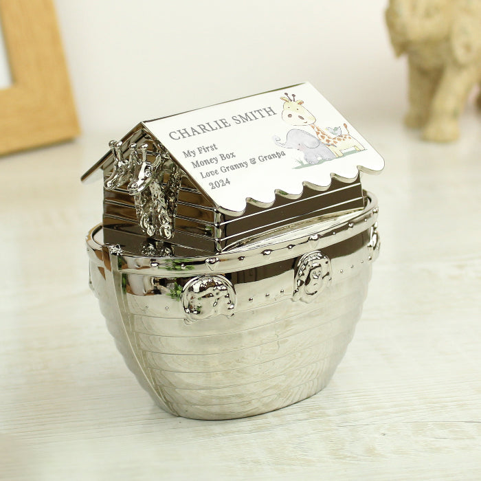Personalised Hessian Friends Noahs Ark Silver Plated Money Box