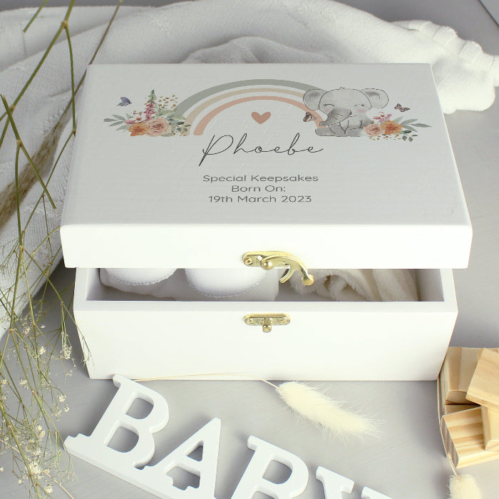 Personalised Elephant New Baby White Wooden Keepsake Memory Box